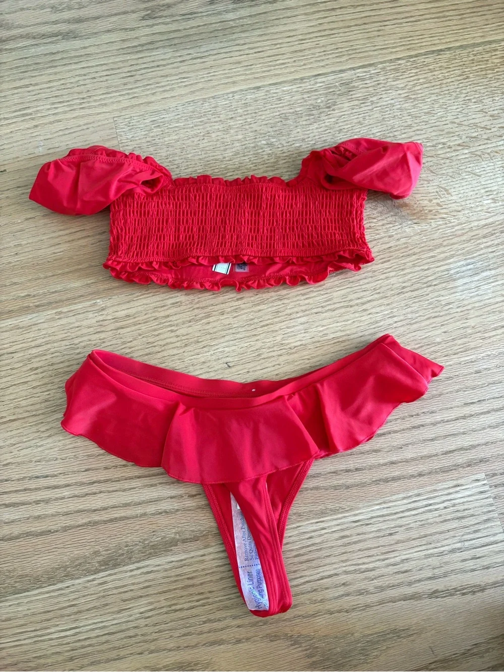 Frankie's Bikinis Red Ruffle Smocked Off-Shoulder Two-Piece bikini